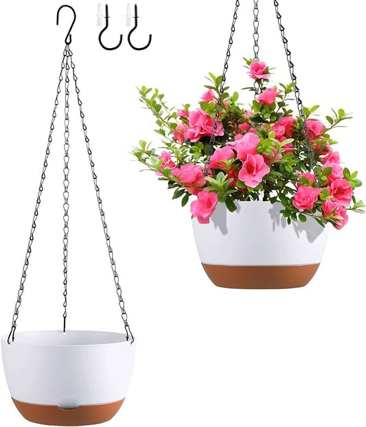 Set of 2 10 Inch Self Watering Hanging Planters for Indoor Outdoor Plants, Color Blocking Hanging Baskets Flower Pots with Drainage Hole & Removable Water-Storage Tray