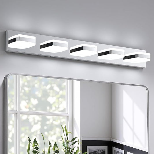 Bathroom Lighting Fixtures Over Mirror, 5 Light Bathroom Vanity Light Fixtures with Cool White 5000K, Silver LED Modern Vanity Wall Lights for Bath, Dressing Room, Restroom, 37.4 inch