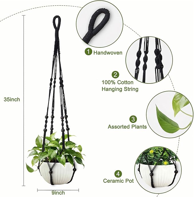 35 Inch Macrame Plant Hanger, Hanging Planter Basket with Wood Beads, Decorative Flower Pot Holder for Indoor Outdoor Boho Home Decor, Set of 2 (Black)