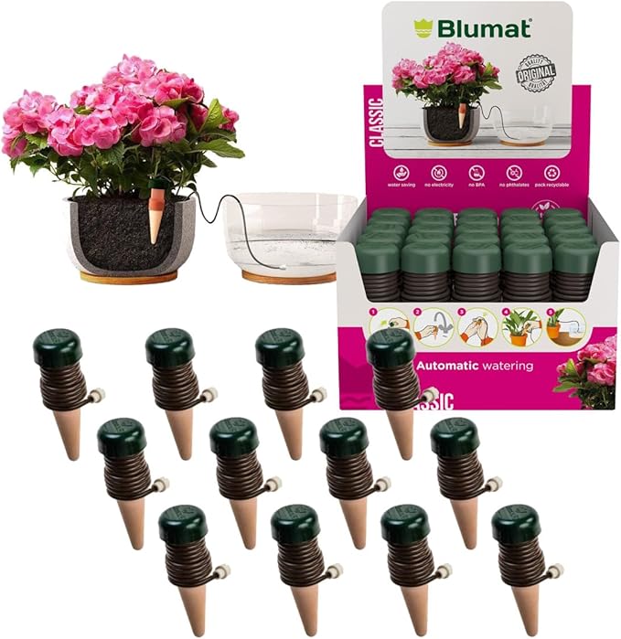 Blumat Classic Self-Watering Stakes - Automatic Drip Irrigation System for Indoor Plant Watering & Outdoor - Water Drip Solution for Potted Plants - Slow Release Stakes, 12 Pack, wo Adapter