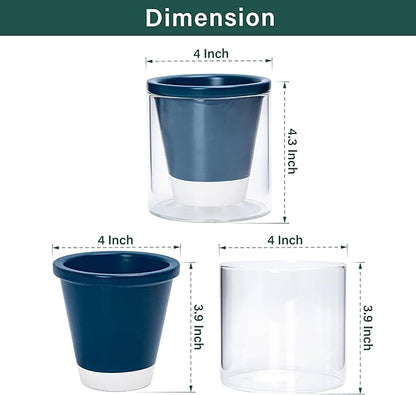 D'vine Dev 4 Inch Design Self Watering Planter for Indoor Plants, Blue Terracotta Pot with Cylinder Glass Cup, Set of 4, 37-Z-A-4-F