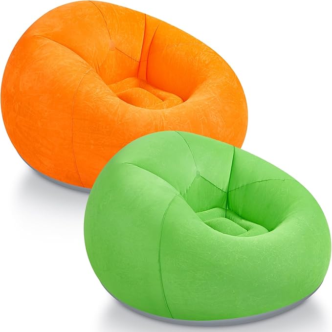 Realspring Inflatable Bean Bag Chairs Outdoor Blow up Camping Chairs Inflatable Lazy Sofa Folding Portable Bean Bag Loungers Couch for Movie Night(Orange, Green,2 Pcs)