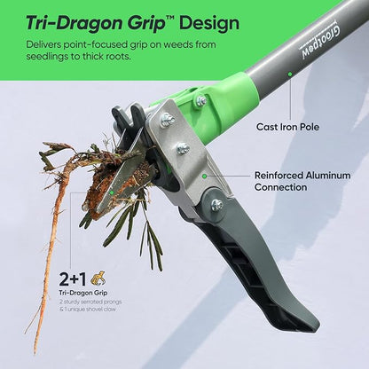 Grootpow WP5 Heavy Duty Weed Puller Tool, Stand Up Dandelion Weeder with 40" Handle, 3 Claws & Fiberglass Foot Pedal, Weeding Tool Made with Cast-Iron, Easily Remove Weeds Without Bending or Kneeling