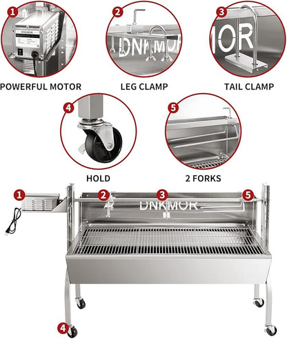 Rotisserie Grill Stainless Steel Charcoal Spit Roaster, 50" Pig Lamb Hooded Roaster Charcoal Spit with 30W Motor & Adjustable Height Lockable Casters for Outdoor Camping Party, Rated 150 LB