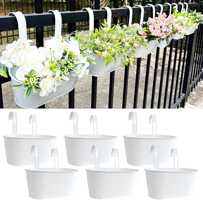 10" Hanging Flower Pots, Pack of 6 White Metal Outdoor Patio Balcony Planter, Railing Planters Fence Pot with Detachable Hook & Drainage Hole for Small Plants (White, 6Pcs)