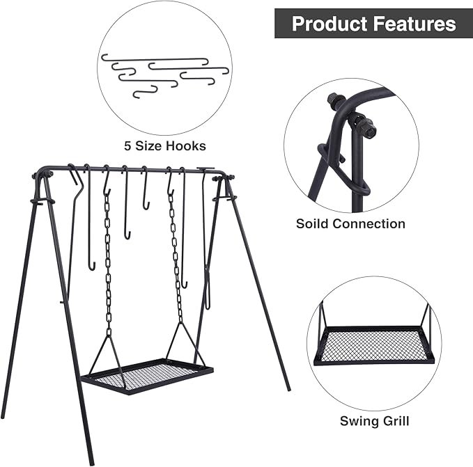Lineslife Grill Swing Hanging Campfire Cooking Stand with Adjustable Iron Grill Grate, Collapsible Campfire Cooking Rack with Hooks and Accessories for BBQ Picnic, Outdoor Camping Cookware, Dutch Oven