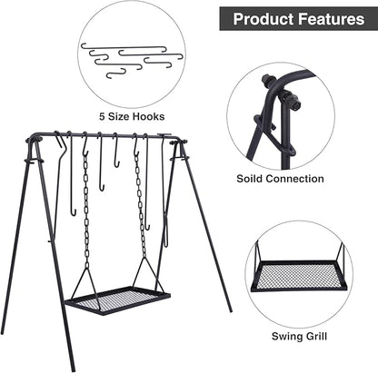 Lineslife Grill Swing Hanging Campfire Cooking Stand with Adjustable Iron Grill Grate, Collapsible Campfire Cooking Rack with Hooks and Accessories for BBQ Picnic, Outdoor Camping Cookware, Dutch Oven