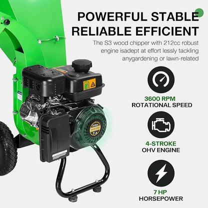 S3 Wood Chipper Shredder, 7HP 212cc Gas Powered Heavy Duty, 3" Max Wood Diameter Capacity, 15: 1 Reduction Ratio, Easy Assembly, 1-Year Warranty After Product Registration