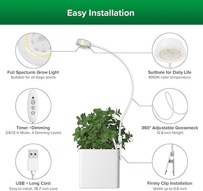 SANSI Grow Lights for Indoor Plants, ETL Listed Pot Clip LED Plant Lights for Indoor Growing, Full Spectrum, 4-Level Dimmable, Auto On Off 3 6 12 Hrs Timer for Small Plants, Garden White 5V 4-Pack