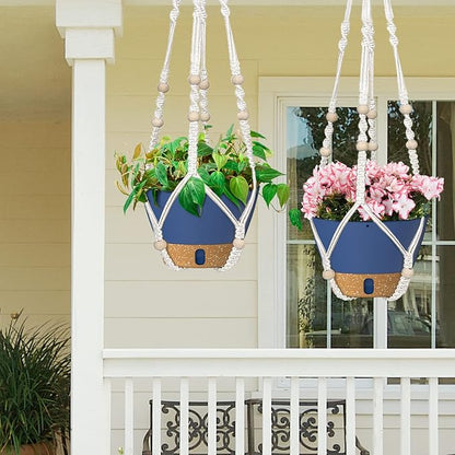 ZMTECH 2 Pack 10 Inch Blue Hanging Planters with Macrame Plant Hanger for Indoor and Outdoor Plants, Self Watering, Drainage Hole, Visible Level Tray