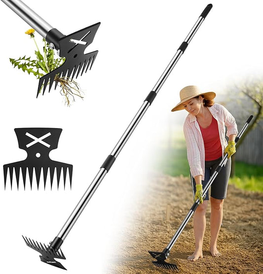 Weed Puller Tool with Long Handle, 11 Tooth Weed Remover Tool, 2 in 1 Weed Rake and Garden Hoe for Weeding, Weeder Tool with Detachable Handle, Uprooting Weeding Tool for Yard, Lawn, Patio,Garden