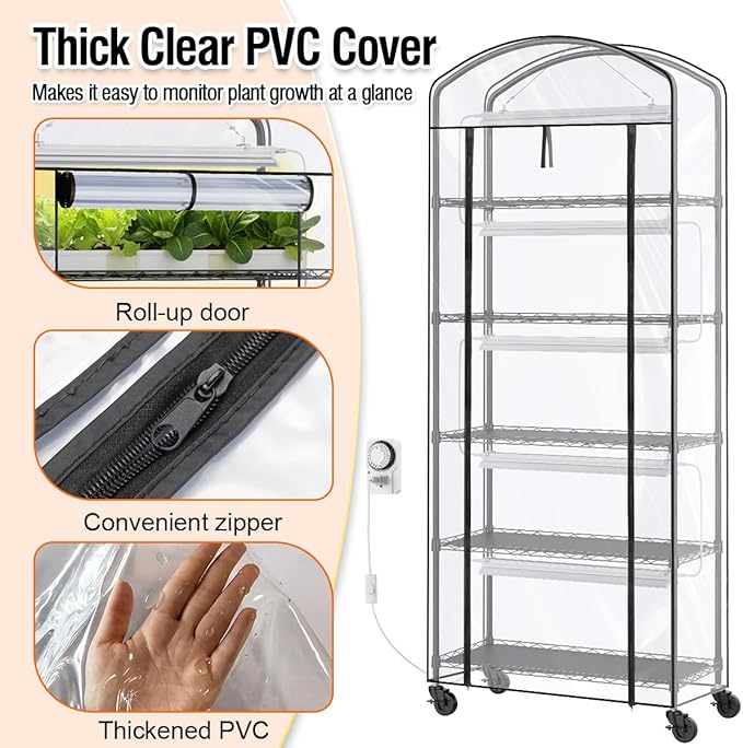 Small Indoor Greenhouse with Grow Light & PVC Cover Portable Mini Greenhouse Tent Shelves Adjustable 5 Tier Metal Plant Stand with Grow Light for Indoor Plants, Seed Starting, 29.5"x13.7"x71"