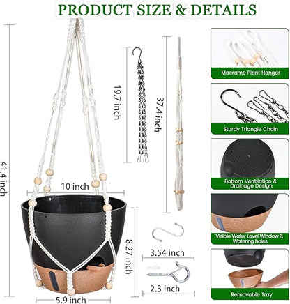 10 Inch Hanging Planters for Indoor Plants, 2 Pack Self Watering Hanging Baskets Flower Pots with Drainage Hole, Visual Reservoir & 2 Kinds of Plant Hanger for Outdoor Garden Home Decor（Black）