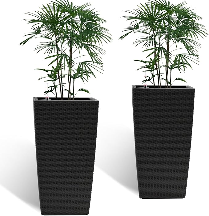 2 Pack Tall Planters for Indoor or Outdoor Plants, Self-Watering Pots with Drain Holes, 22-Inch High Faux Rattan Design Modern Tall Square Planter Box for Porch, Patio, Backyard (Pack of 2, Black)