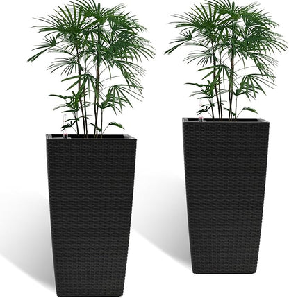 2 Pack Tall Planters for Indoor or Outdoor Plants, Self-Watering Pots with Drain Holes, 22-Inch High Faux Rattan Design Modern Tall Square Planter Box for Porch, Patio, Backyard (Pack of 2, Black)
