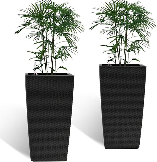 2 Pack Tall Planters for Indoor or Outdoor Plants, Self-Watering Pots with Drain Holes, 22-Inch High Faux Rattan Design Modern Tall Square Planter Box for Porch, Patio, Backyard (Pack of 2, Black)