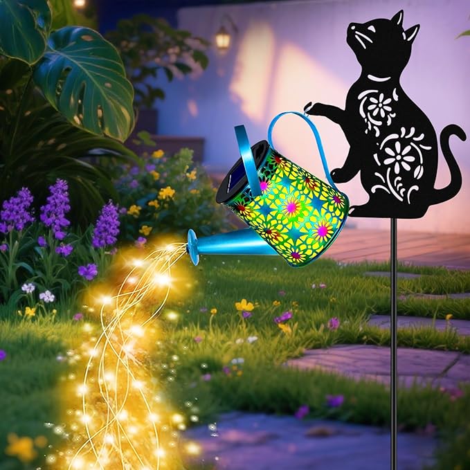 Black Cat Solar Watering Can Lights, Birthday Gifts for Women Mom Christmas Mother's Day, Yard Decorations Outdoor Waterproof, Blue Metal Hanging Lantern, Solar Lights Garden Decor Patio Pathway