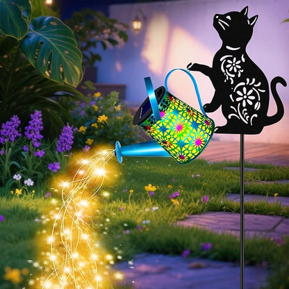 Black Cat Solar Watering Can Lights, Birthday Gifts for Women Mom Christmas Mother's Day, Yard Decorations Outdoor Waterproof, Blue Metal Hanging Lantern, Solar Lights Garden Decor Patio Pathway