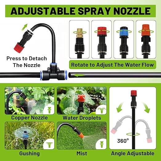 Drip Irrigation Kit - 100 FT. Hose Sprinkler System with 360° nozzles and T-connectors for Gardens, lawns, Plants, Flower beds, Trees, patios and hydroponics (24 360° nozzles + 24 T-connectors)