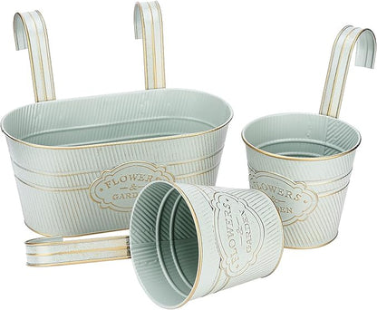 PerGar Vintage Metal Iron Wall Hanging Flower Pots, Rustic Planter Bucket Herb Flower Plant Holder with Detachable Hooks & Drainage Hole for Railing Fence Balcony Deck Garden Home Decoration, Set of 3