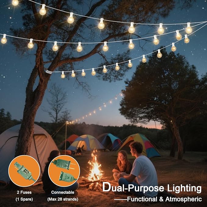 25FT LED Outdoor String Lights Waterproof Shatterproof with 25 Clear Plastic Bulbs & 2 Spares, White Wire for Cafe Garden Balcony Party Decor