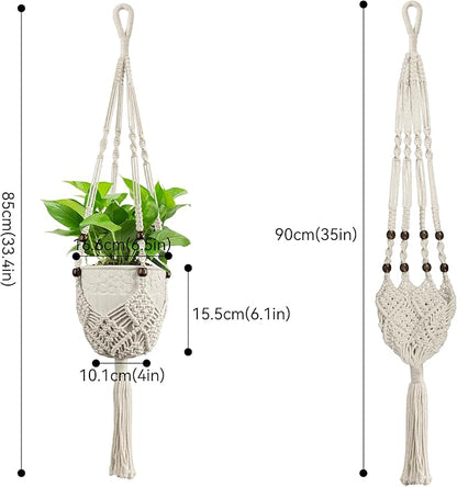 USLAI Macrame Plant Hanger for Indoor Outdoor, Up to 3-6.5 inch Pot, Hanging Planter Flower Pot Holder with Beads and Tassels, Boho Home Decor, 2-Pack, Ivory