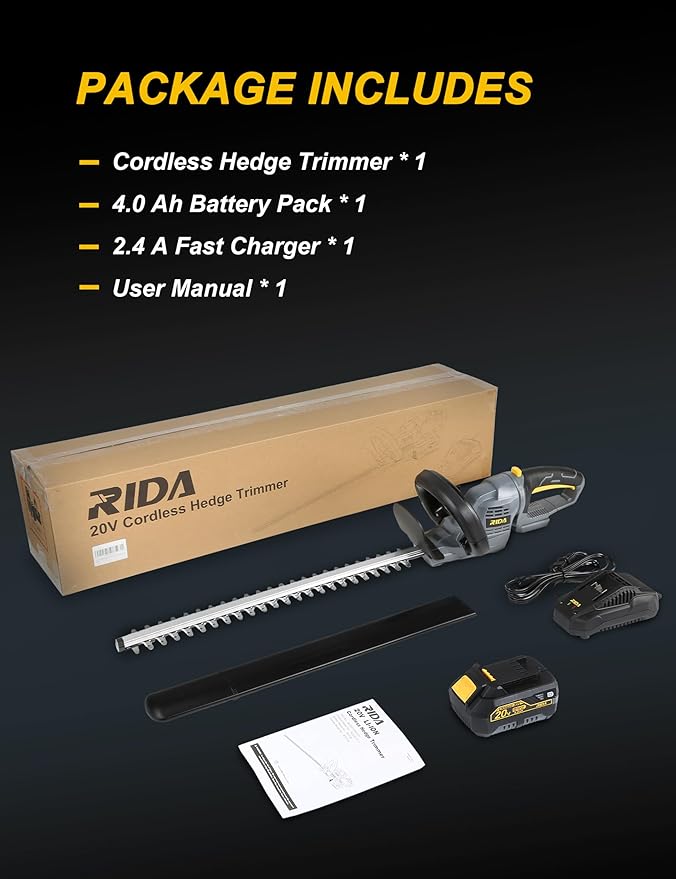 20'' Cordless Hedge Trimmer with 20V/4.0Ah Battery, Steel Blade & 180° Rotatable Head - Best Handheld Electric Trimmer Grass Shrub Pruning Cutter, Lightweight & Compact Hedge Shear for Garden, Lawn