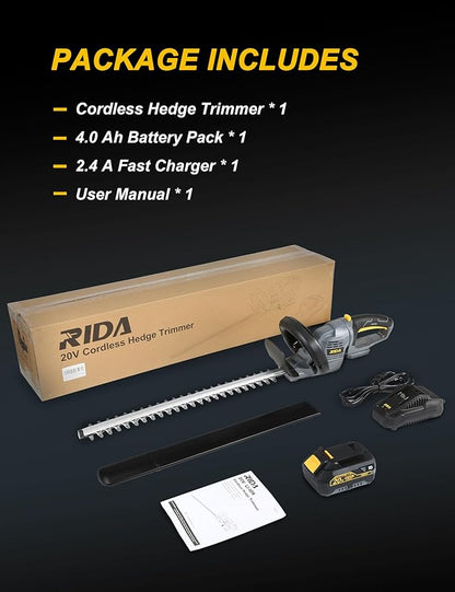 20'' Cordless Hedge Trimmer with 20V/4.0Ah Battery, Steel Blade & 180° Rotatable Head - Best Handheld Electric Trimmer Grass Shrub Pruning Cutter, Lightweight & Compact Hedge Shear for Garden, Lawn