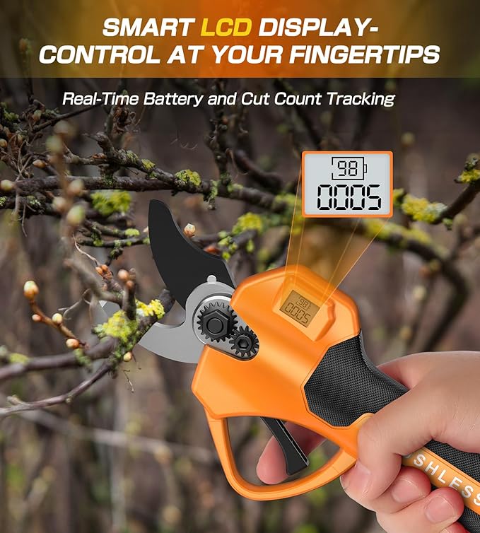 Electric Pruning Shears, Cordless Pruning Shears 1000W Brushless Power Shears 1.4'' Diameter Electric Pruner with LCD Display 2 * 2Ah Battery Pruning Shear Gift for Men Dad Husband Fathers Gardener