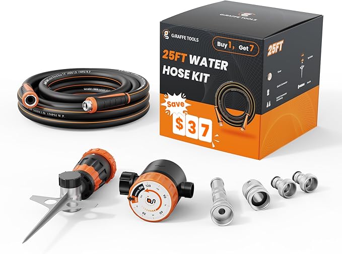 Giraffe Tools Garden Hose 25ft x 5/8", Water Hose Heavy Duty, Flexible with Water Timer Nozzle and Yard Sprinkler, Lightweight Hybrid Hose with Swivel Handle, Male to Female Fittings, Burst 600 PSI