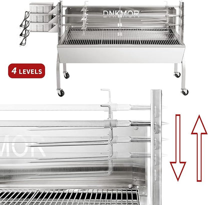 Rotisserie Grill Stainless Steel Charcoal Spit Roaster, 50" Pig Lamb Hooded Roaster Charcoal Spit with 30W Motor & Adjustable Height Lockable Casters for Outdoor Camping Party, Rated 150 LB