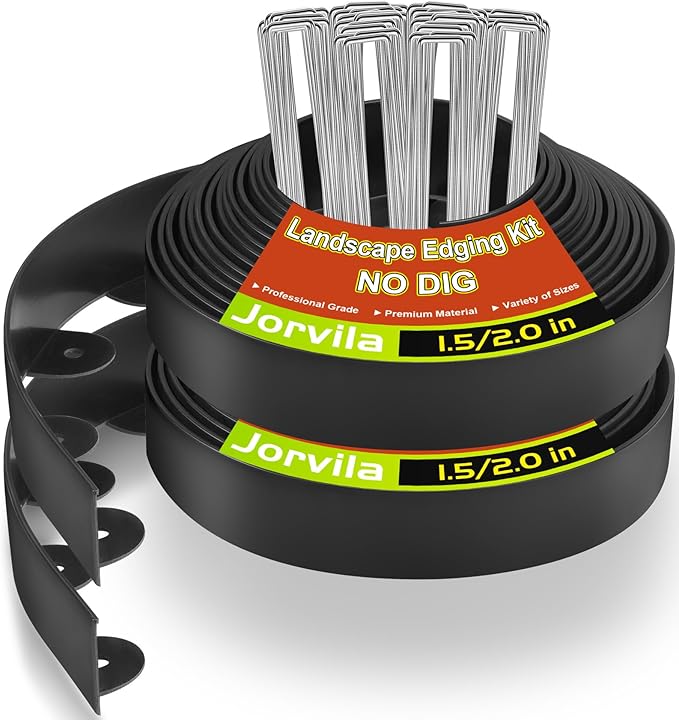 Landscape Edging, 2.0" x 60' Plastic Garden Edging with 60 Pcs Metal Spikes, Flexible Garden Border for Lawn, Landscaping, Flower Beds