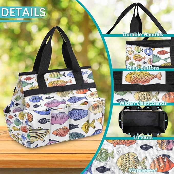 Fishes Garden Tool Bag Waterproof Gardening Tool Storage Bag with Handle & 10 Pockets Gardening Tote Bag for Women Garden Tool Organizer