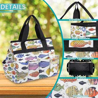 Fishes Garden Tool Bag Waterproof Gardening Tool Storage Bag with Handle & 10 Pockets Gardening Tote Bag for Women Garden Tool Organizer