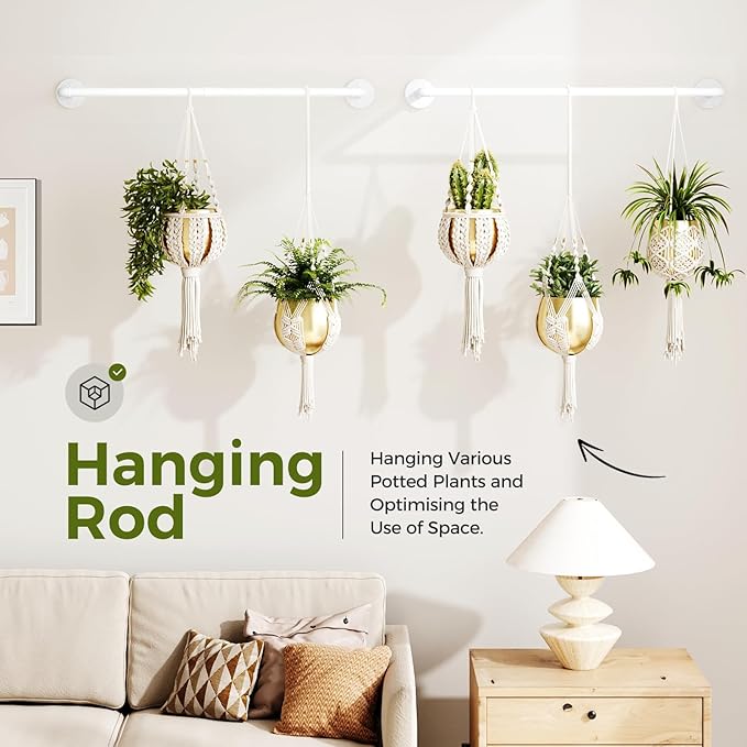 Bamworld Hanging Planters 2PCS for Indoor Plants Hanging Plant Holder Plant Hanger Indoor Ceiling Window Plant Shelves Wall Mount Black Metal Rod(Pot&Plant Not Included) White