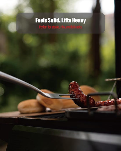 Heavy-Duty Dikela Wooden BBQ Grilling Tools Set. Extra Thick Stainless Steel Multi-Function Spatula, Fork & Tongs | Essential Accessories for Barbecue & Grill. Ideal Gift for Father