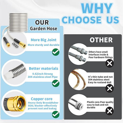 Metal Garden Hose 75FT Heavy Duty Lightweight 304 with Brass Nozzle,Durable Fittings,No Kink & Tangle,Puncture Resistant,Easy to Use & Store for RV,Outdoor, Yard,Ligh (75ft)