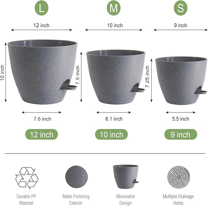 Large Self Watering Pots, 12/10/9 Plastic Planters with High Drainage Holes and Deep Reservoir for Indoor Outdoor Garden Plants and Flowers, Grey Speckles