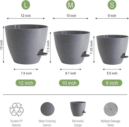 Large Self Watering Pots, 12/10/9 Plastic Planters with High Drainage Holes and Deep Reservoir for Indoor Outdoor Garden Plants and Flowers, Grey Speckles