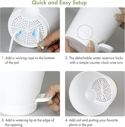 7/6.5/6/5.5/5/4 inch Self Watering Pots for Indoor Outdoor Plants, 6 Pack Plastic Flower Planters with Drainage Holes and Removable Saucers, Plant Pots with Wicking Rope, Modern Decor, White