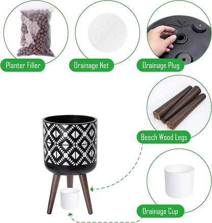 D'vine Dev 10 Inch Planter Pot with Stand, Mid-Century Tall Plant Pot with Legs for Indoor Plants, White/Black, 88-G-B-4