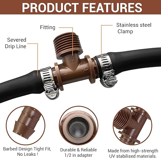 LECTO 1/2" MPT Drip Irrigation Tee Adapter – Fits 1/2" & 5/8" Drip Tubing, Barbed Tee Connector with Stainless Steel Clamps, UV-Resistant (3 Pack)