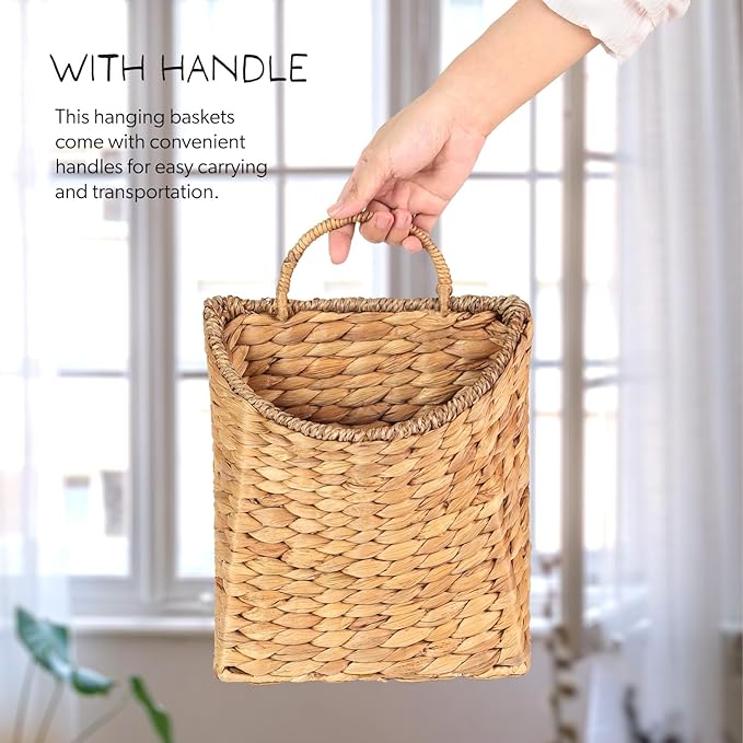 Woven Hanging Water Hyacinth Baskets, Hanging Wall Wicker Basket, Handmade Organizer Baskets, Hanging Flower Basket for Shelves, Walls, Doors, Balconies, Front of House, Garden, Farmhouse, Home.