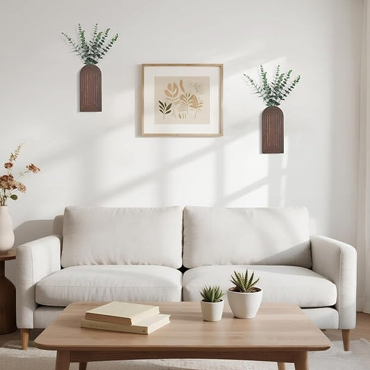 Dahey Wood Wall Vase Planter with Artificial Eucalyptus, 2 Pack Hanging Planter for Indoor Fake Plants Modern Boho Farmhouse Wall Art Decor for Bathroom Bedroom Kitchen Office Home Decoration, Brown