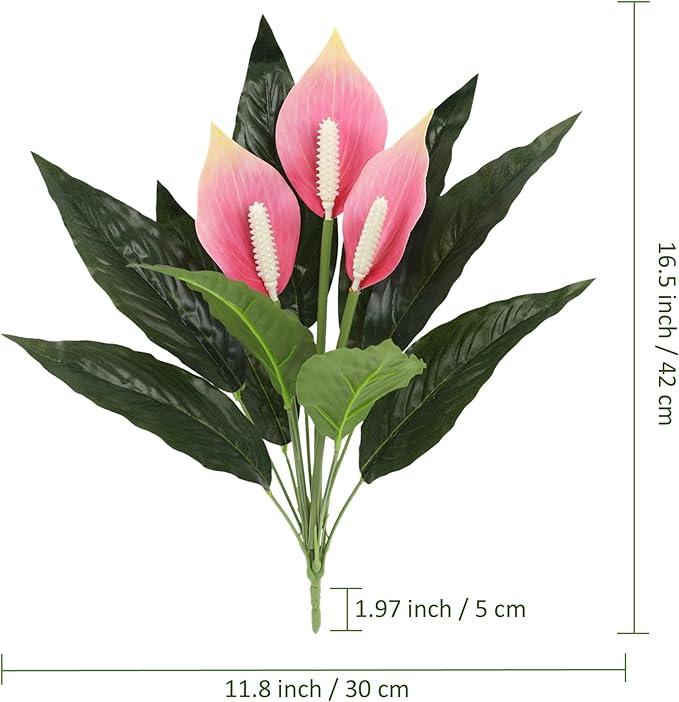2-Pack Spathiphyllum Artificial Plants, Artificial Anthurium Plant with 3 Blooms Pink Flowers and Green Leaves, Tropical Floral Arrangement for Indoor Outdoor Decoration