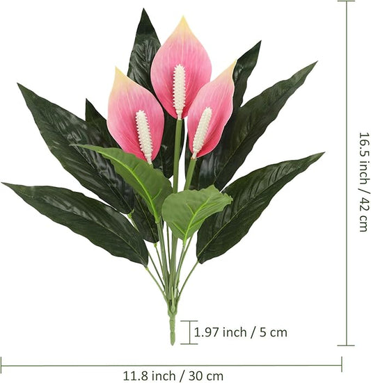 2-Pack Spathiphyllum Artificial Plants, Artificial Anthurium Plant with 3 Blooms Pink Flowers and Green Leaves, Tropical Floral Arrangement for Indoor Outdoor Decoration