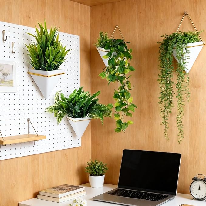 Rtteri 15 Pcs Hanging Artificial Green Plants for Indoor Fake Wall Planter with Faux Plants Geometric Vase Pot (8.2/5.9/4 Inch Size) Ceramic Holder