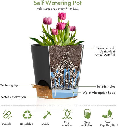 7/6.5/6/5.5/5/4 inch Self Watering Pots for Indoor Outdoor Plants, 6 Pack Plastic Flower Planters with Drainage Holes and Removable Saucers, Plant Pots with Wicking Rope, Black Brown