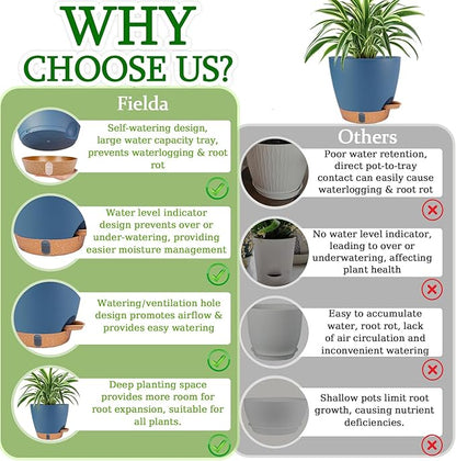 Self Watering Pots for Inoor Ourdoor Plants 10/9/8/7/6.5 Inch Plastic Planters with Drainage Holes & Water Level Indicator, Decorative House Flower Nursery Planting Pots with Saucers (Navy Blue)