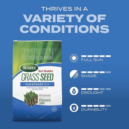 Scotts Turf Builder Grass Seed Sun & Shade Mix with Fertilizer and Soil Improver, Thrives in Many Conditions, 2.4 lbs.